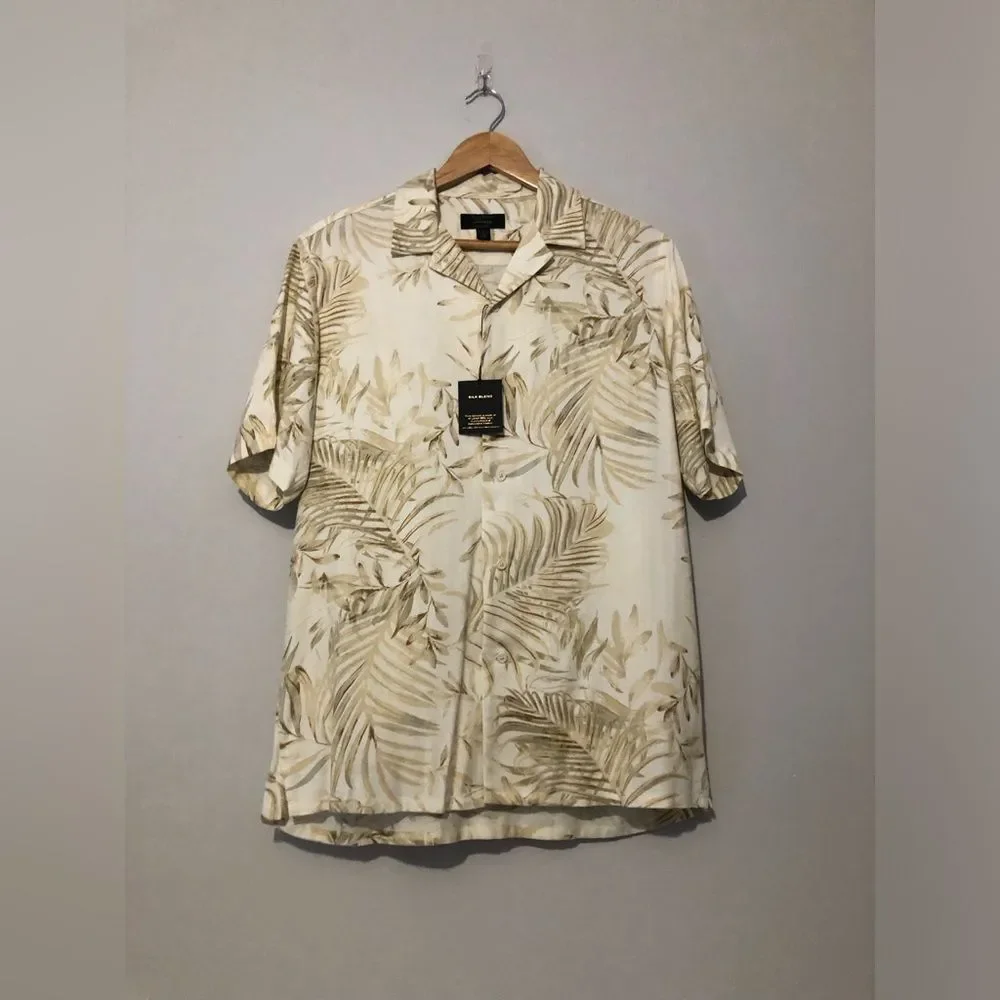 NWT Club Room Luxury Silk Blend Hawaiian Beige Palm Leaf Print Men’s Small Shirt
